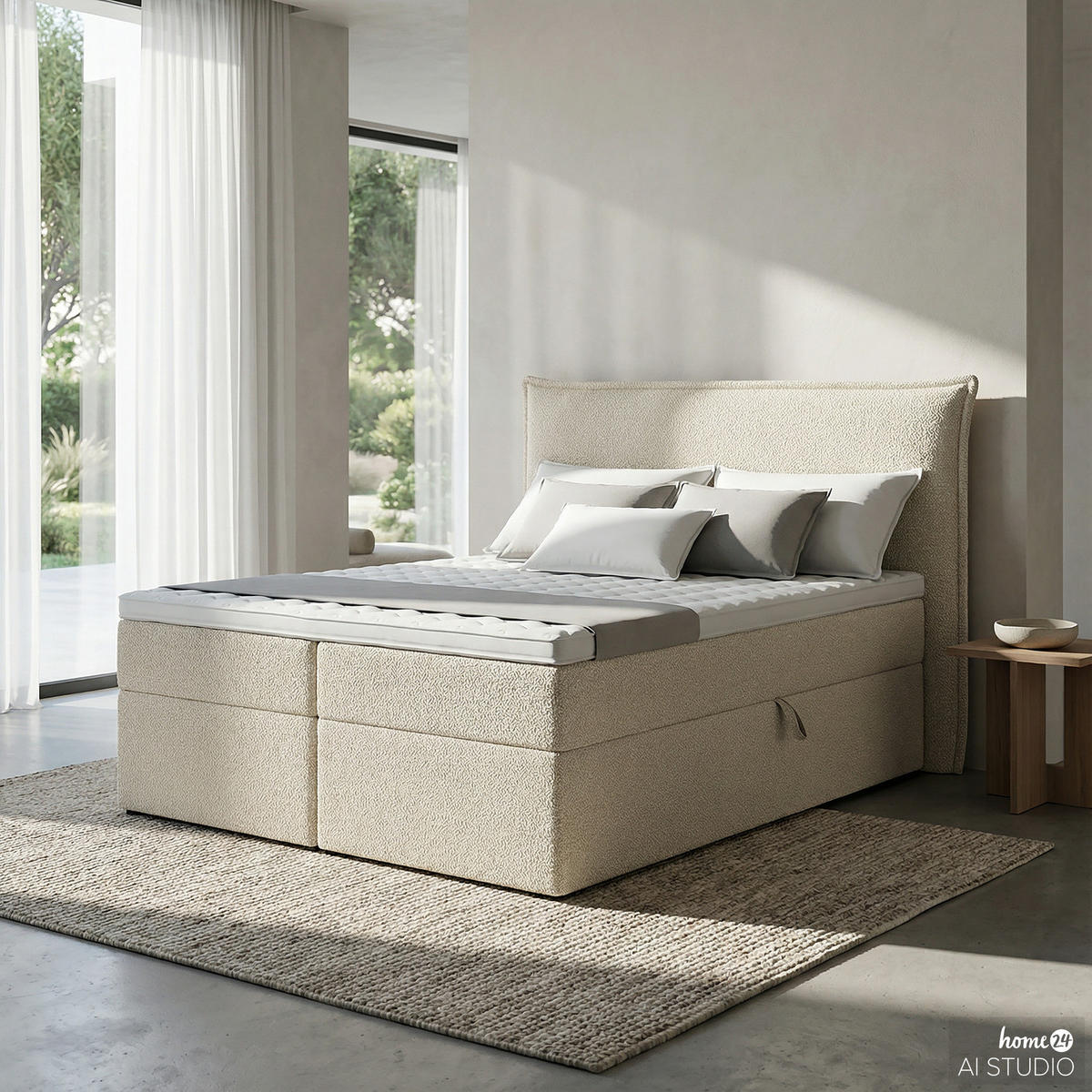 BOXBETT mit Stauraum - Bouclé - Creme, Holzwerkstoff/Textil (140/200cm) - home24