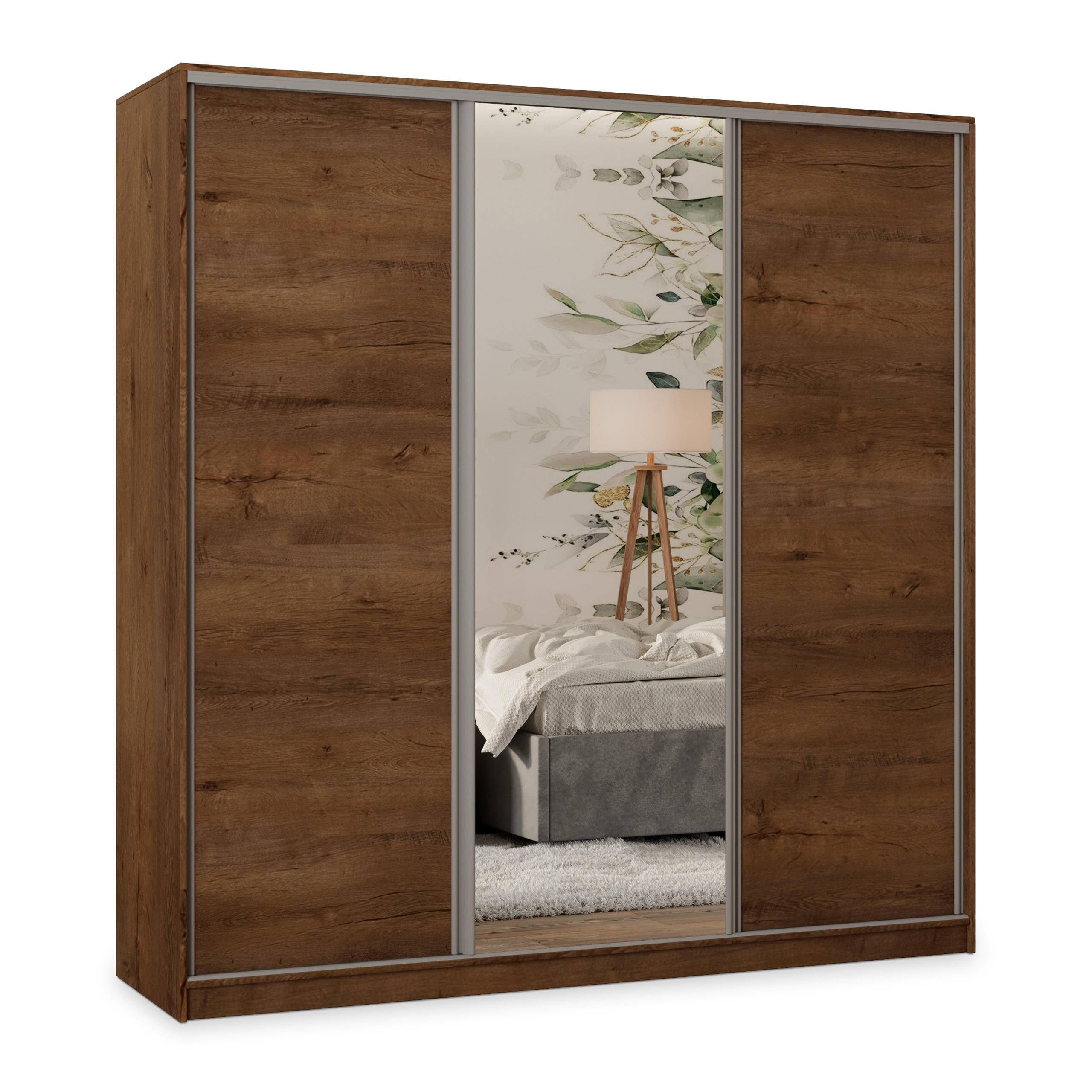 SCHWEBETÜRENSCHRANK TARI 200/205/58 cm 3-türig mit Spiegel und 4 Schubladen Eichefarben - Eichefarben, Holzwerkstoff (200/205/58cm) - MASSENO