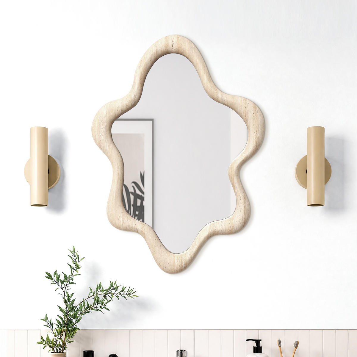 SPIEGEL Asymmetrischer mit Holzrahmen 70×50 cm - Beige, Glas/Holz (50.5/4.5/70cm)