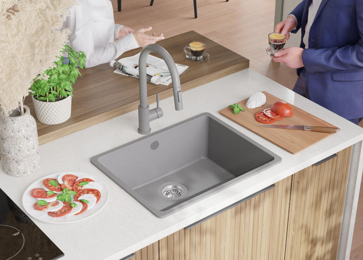 SPÜLBECKEN Venedig Slim Easy, 2-er set Grau 56/44 cm 1 Becken + Ablauf-Set ab 60er Unterschrank - Grau, Kunststoff (56/20/44cm) - Primagran