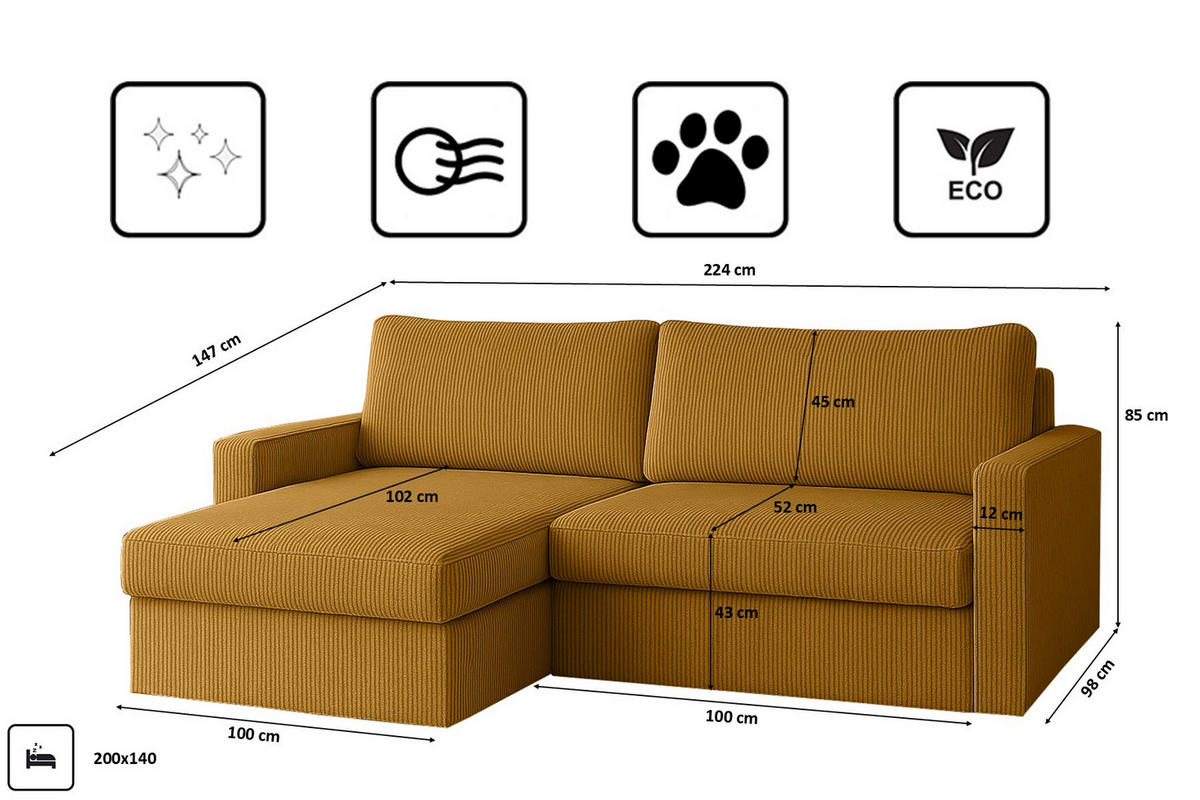 ECKSOFA Mit Schlaffunktion Und Bettzeugablage LUBEKA Stoff Poso Senffarbe Links - Gelb, Holz/Textil (140/147cm) - Kaiser Möbel