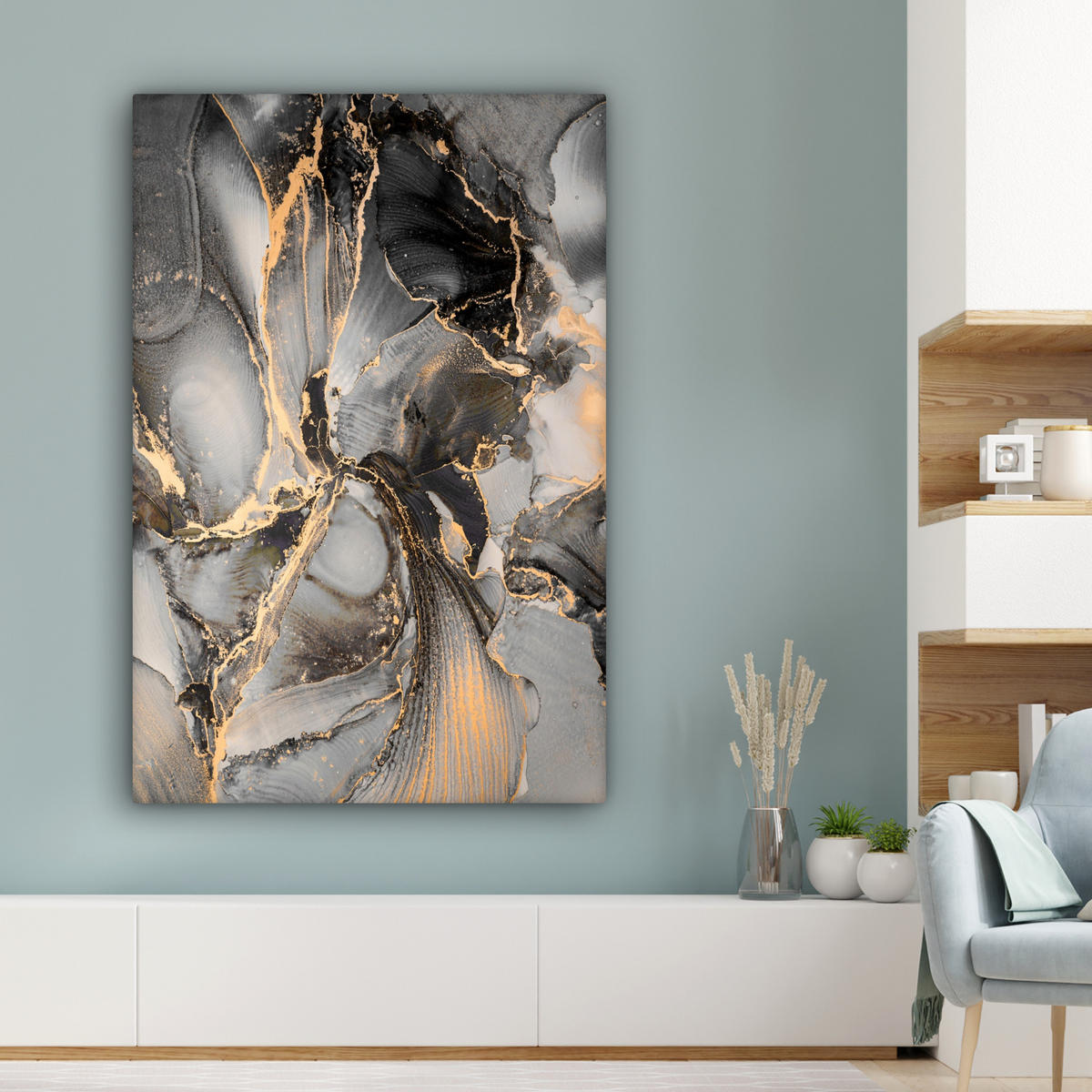 LEINWANDBILD Grau - Luxus - Gold - Marmor Deko Groß 90x140 cm - Dunkelgrau, Textil (90/140cm) - MuchoWow