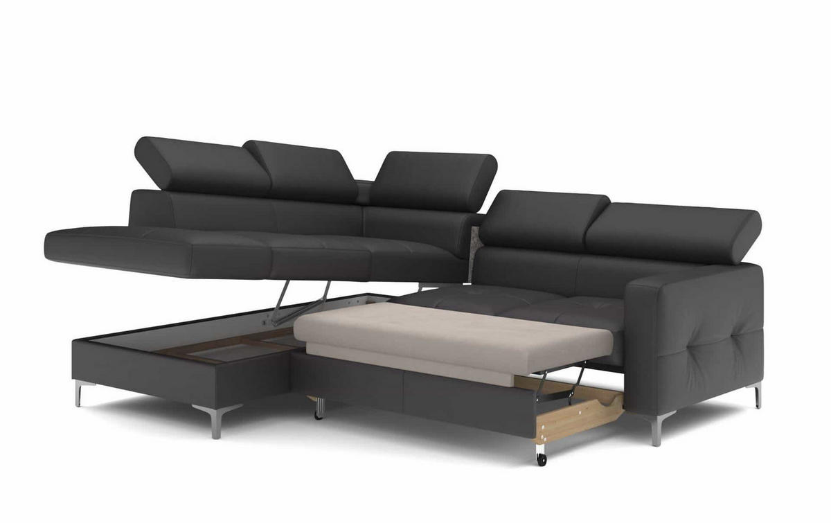 ECKSCHLAFSOFA aus Echtleder mit Schlaffunktion und Bettkasten - Chromfarben/Silberfarben, Leder/Holz (242/207cm) - Cotta