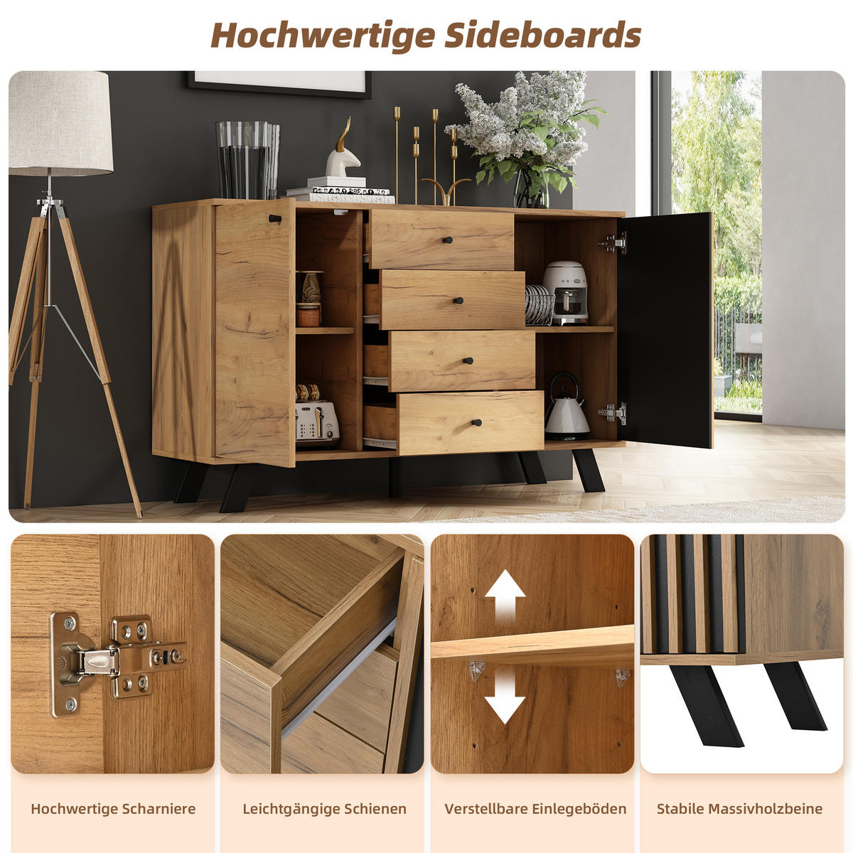 SIDEBOARD 2 Schränke, 4 Schubladen, Hohldekor, Holzfarbe & Schwarz 5 Massivholzbeine, Viel Stauraum - Sonoma Eiche, Holzwerkstoff (120/75/38cm) - Urban Meuble