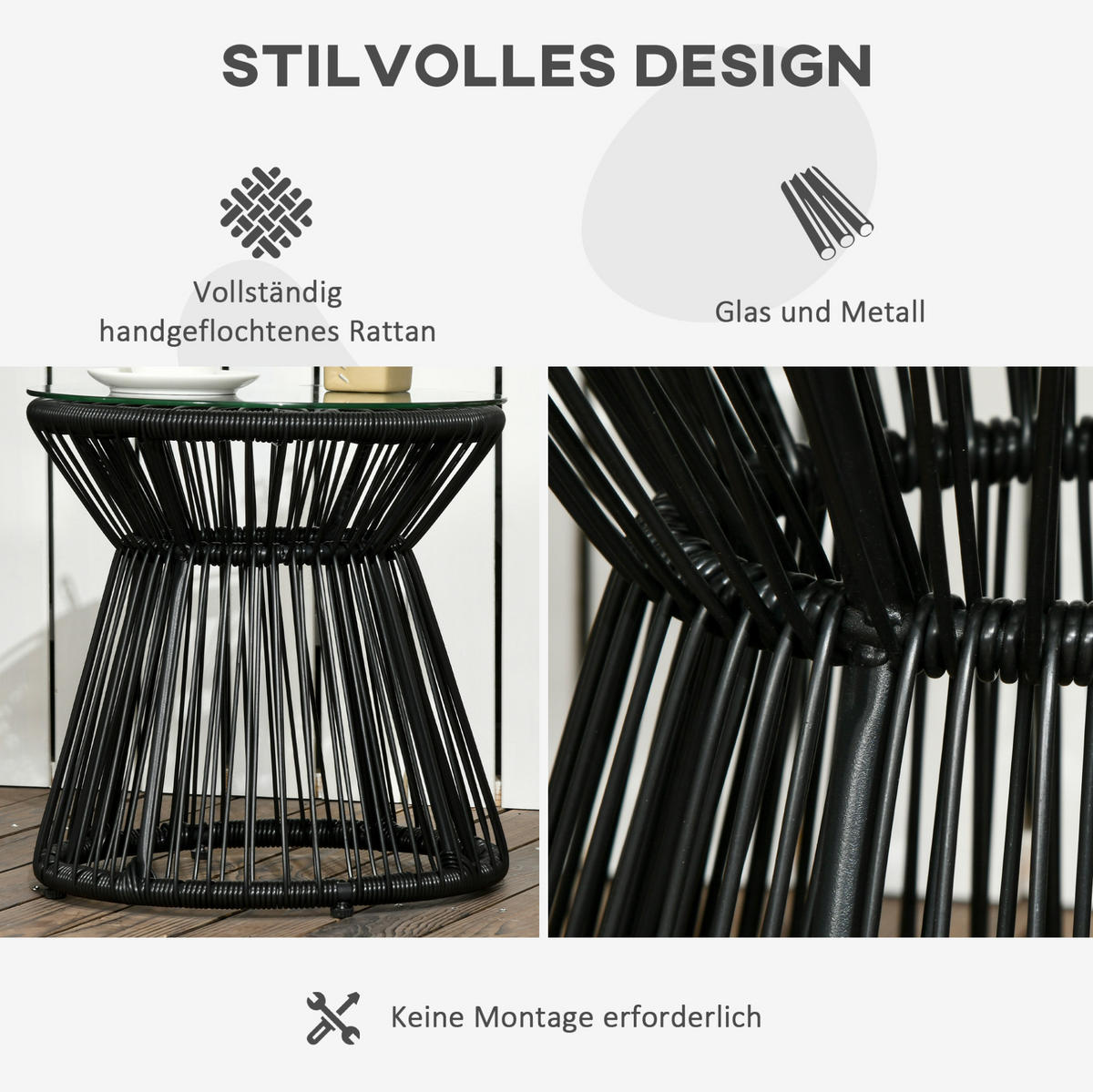 LOUNGETISCH 40/40/42 cm schwarz aus Rattan mit Glasplatte - Schwarz, Metall (40/40/42cm) - OKWISH