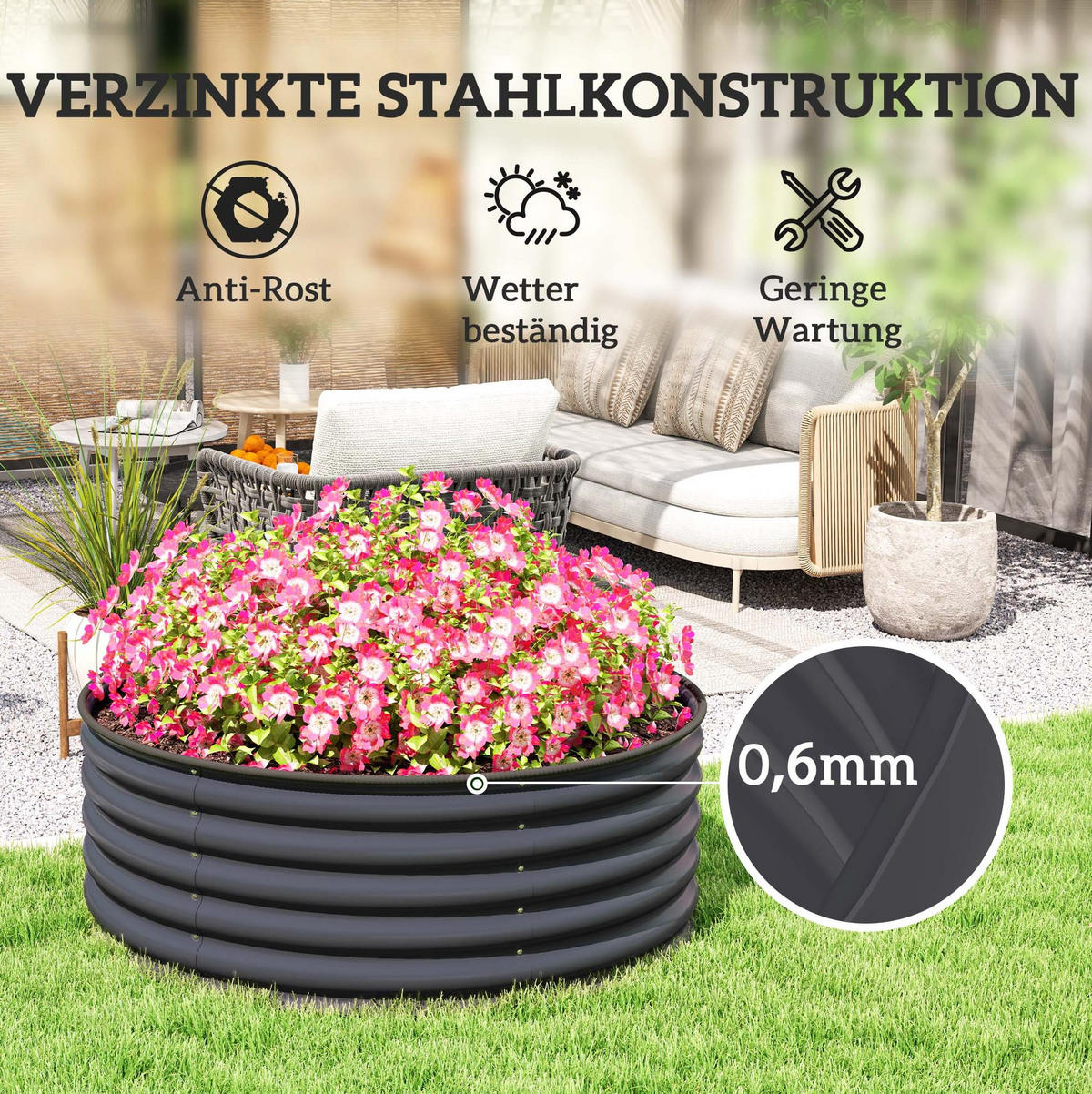 BLUMENKASTEN aus Stahl Ø120x43 cm in Dunkelgrau mit offener Basis - Dunkelgrau, Metall (120/43/120cm) - Modfu