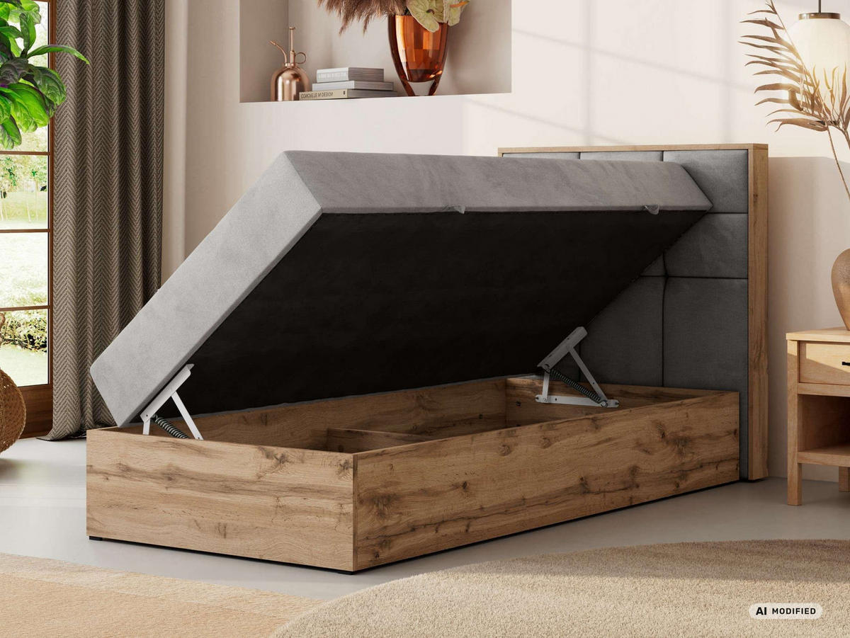 BOXBETT ALBERO 1 90/200 - Hellgrau Velvet - Topper Visco - H3 - Rechts - Hellgrau/Schwarz, Kunststoff/Textil (90/200cm) - MKS