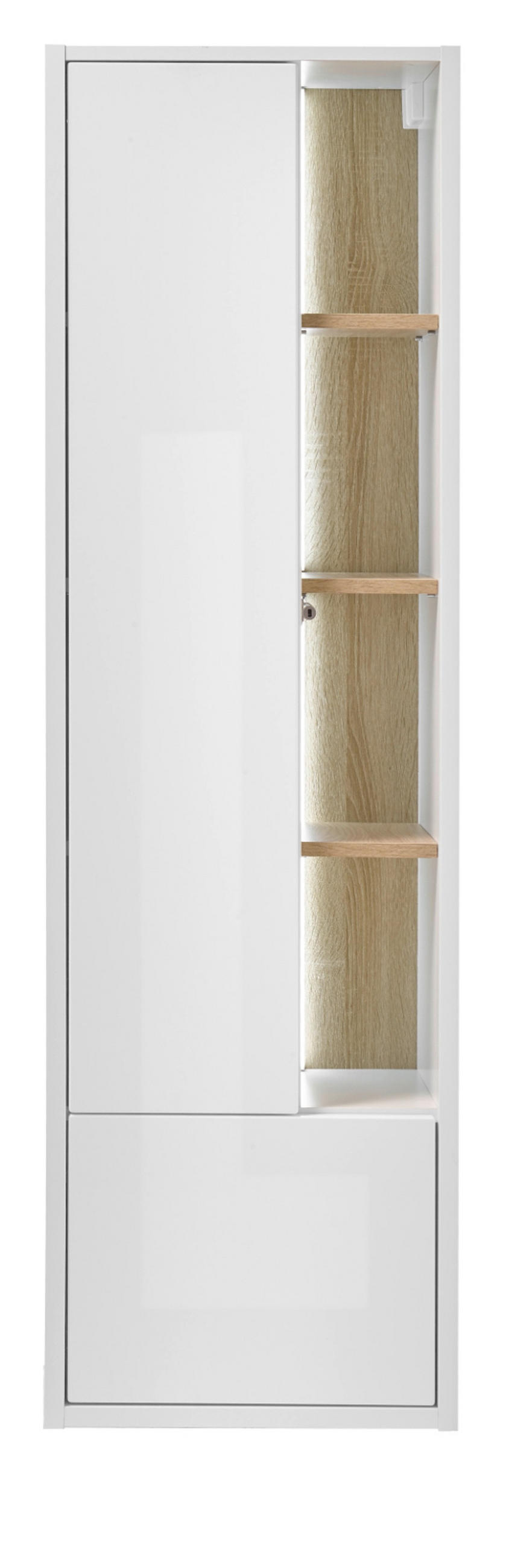 HOCHSCHRANK weiß Hochglanz, Eiche 45 cm, Badschrank inklusive Beleuchtung - Weiß Hochglanz, Holzwerkstoff (45/150/30cm) - Furn.Design