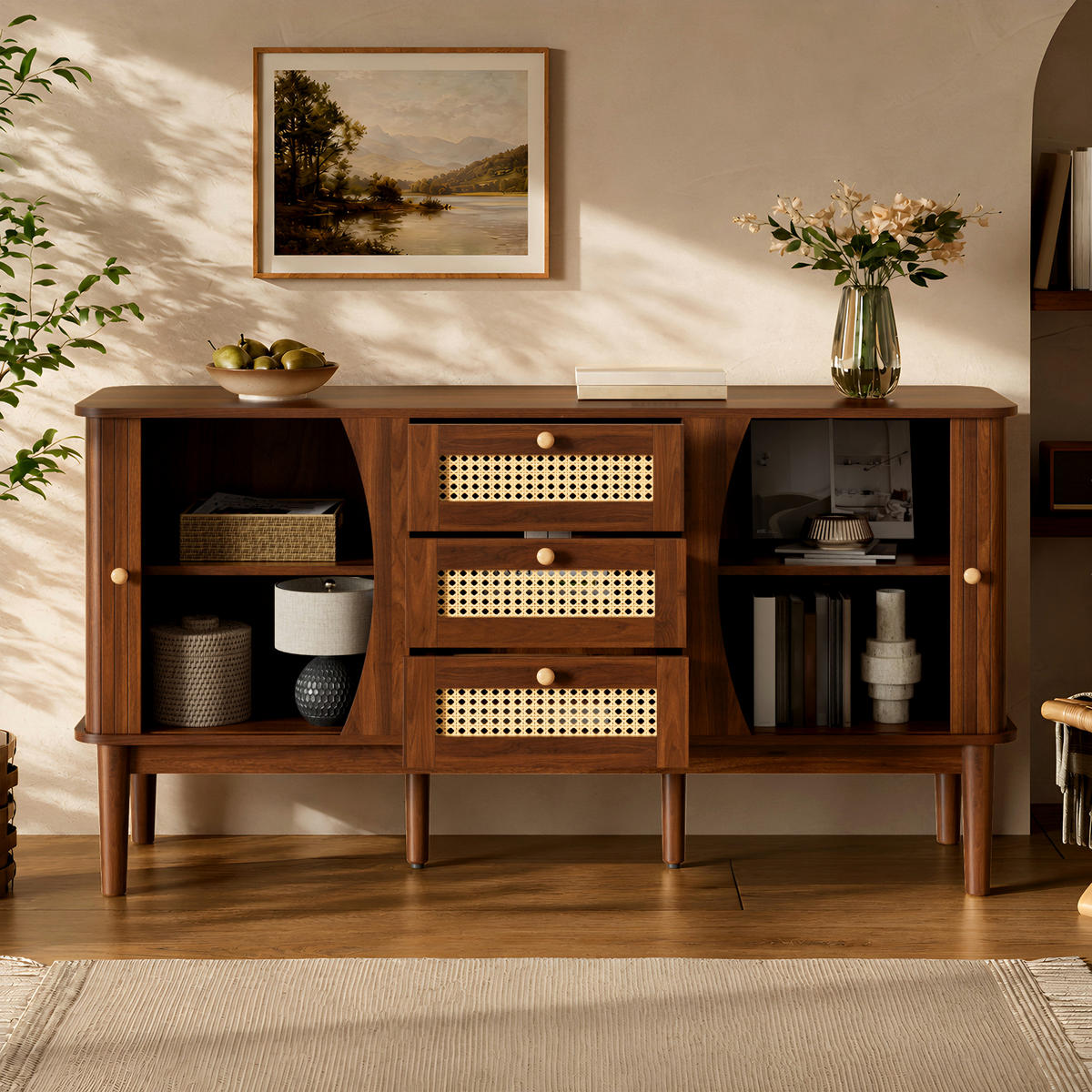 SIDEBOARD Rattan Schiebetüren verstellbare Böden modern - Walnussfarben, Holzwerkstoff (40/73/140.5cm) - FLIEKS