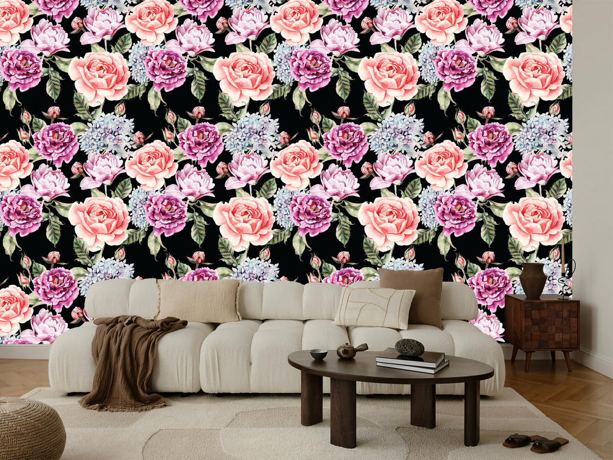 VLIESTAPETE Rosen und Pfingstrosen – Rosa, Grün, Schwarz – 50x1000 cm - Schwarz/Rosa, Papier (50/1000cm) - Muralo