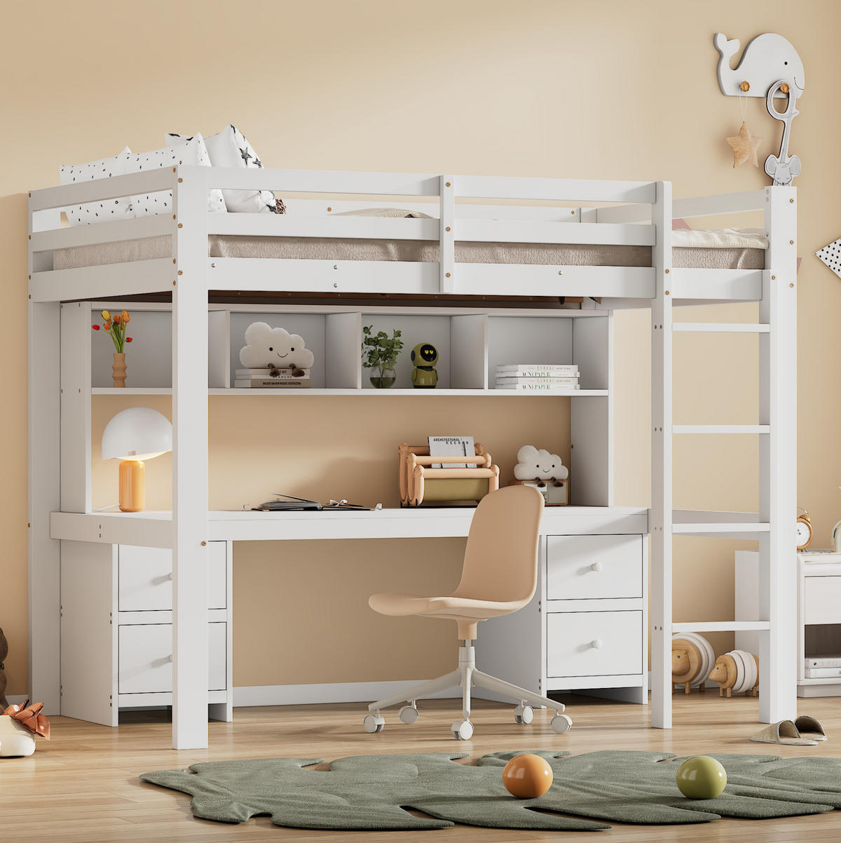 HOCHBETT 90/200 cm in Weiß – mit Schreibtisch, Stauraum und Rausfallschutz - Weiß, Holz (90/200cm) - BEAOK
