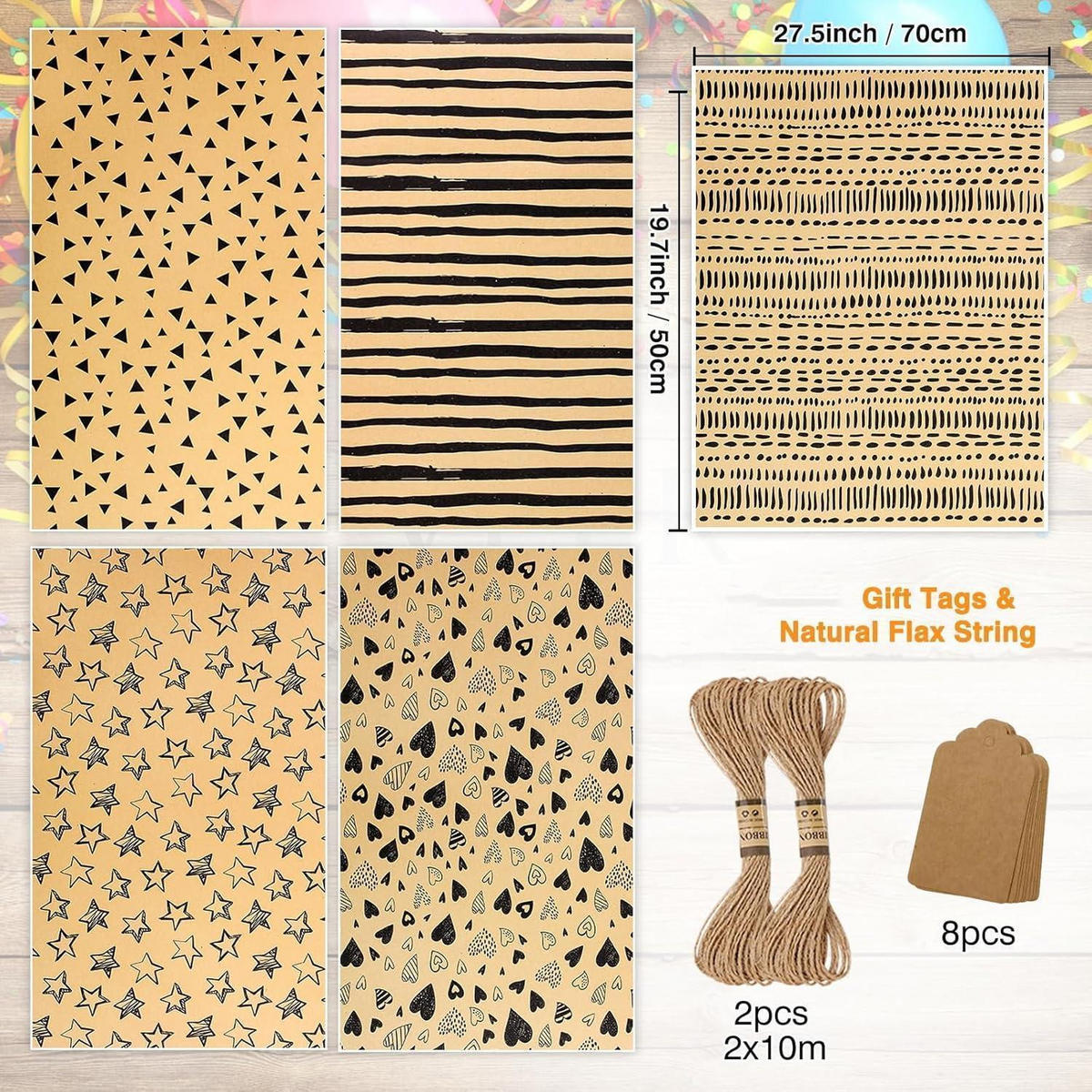 GESCHENKPAPIER Set 5-teilig mit Anhängern und Garn - Multicolor, Papier (50/50/70cm)