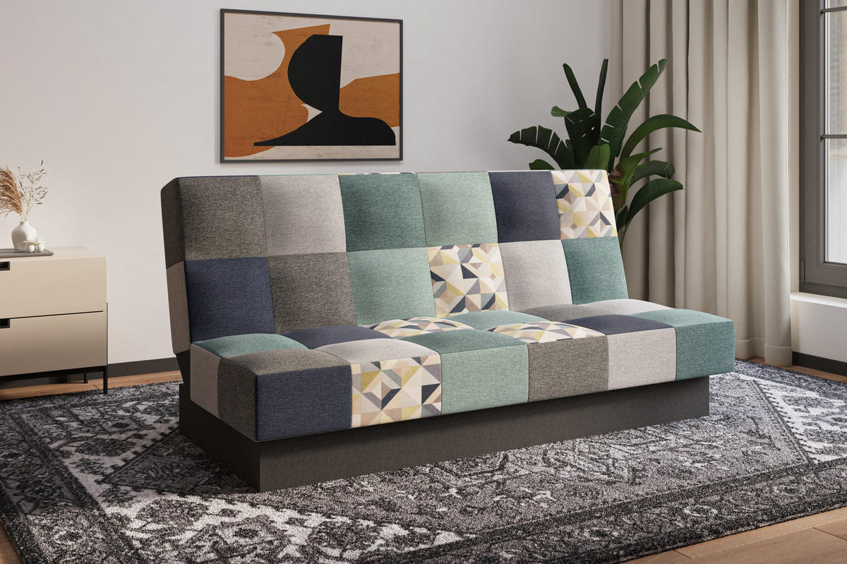 SCHLAFSOFA - Cyprus patchwork - Hellblau + Grau - Hellblau, Holz (192/85/92cm) - Möblo