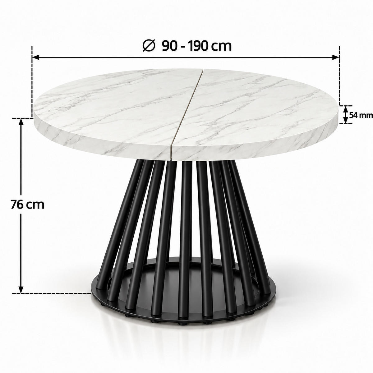 ESSTISCH rund ausziehbar 90/190/76 cm, Marmor, 54 cm Tischplatte + Lamellen-Metallgestell Schwarz - Hellgrau/Schwarz, Holzwerkstoff/Metall (90/190/76cm) - Damale Möbel