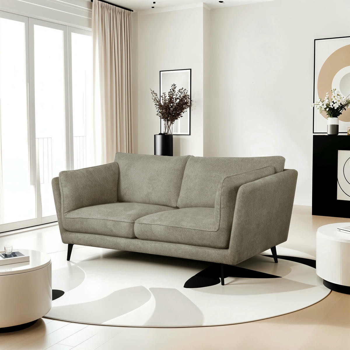 ZWEISITZER-SOFA Webstoff Beige - Beige/Schwarz, Textil/Metall (182/84/92cm) - Furnhouse
