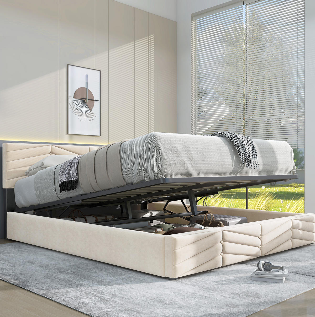 TAPECIRANI krevet 140/190 cm bež od baršuna s podesivim uzglavljem i letvičastom podlogom - bež, tekstil (140/200cm) - OKWISH