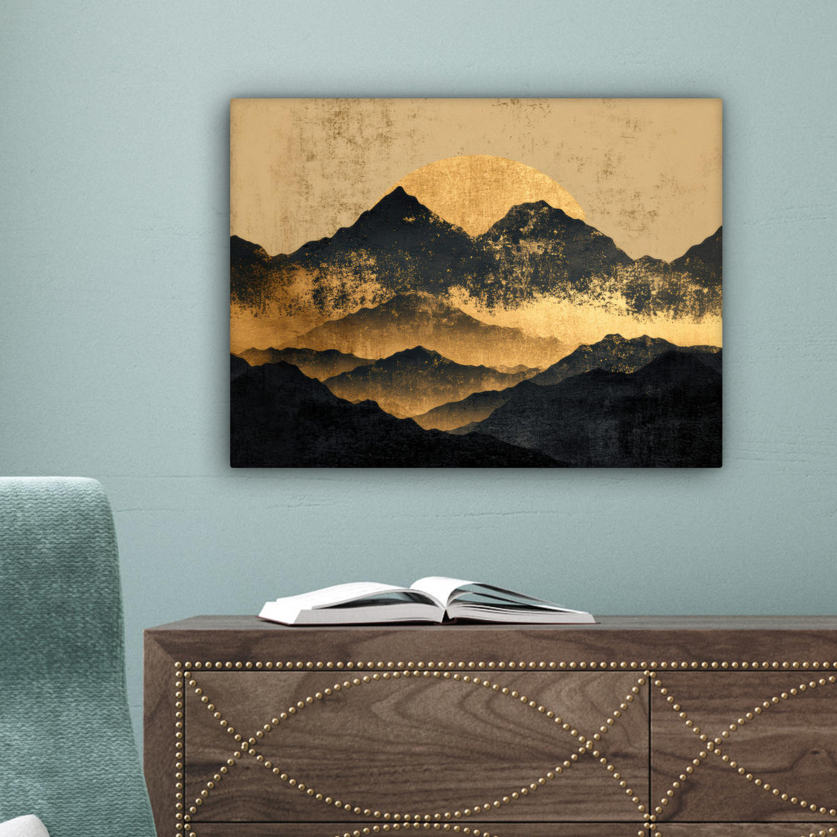 LEINWANDBILD Goldene Berge bei Mondschein Wandbild 40x30 cm - Goldfarben, Textil (40/30cm) - MuchoWow
