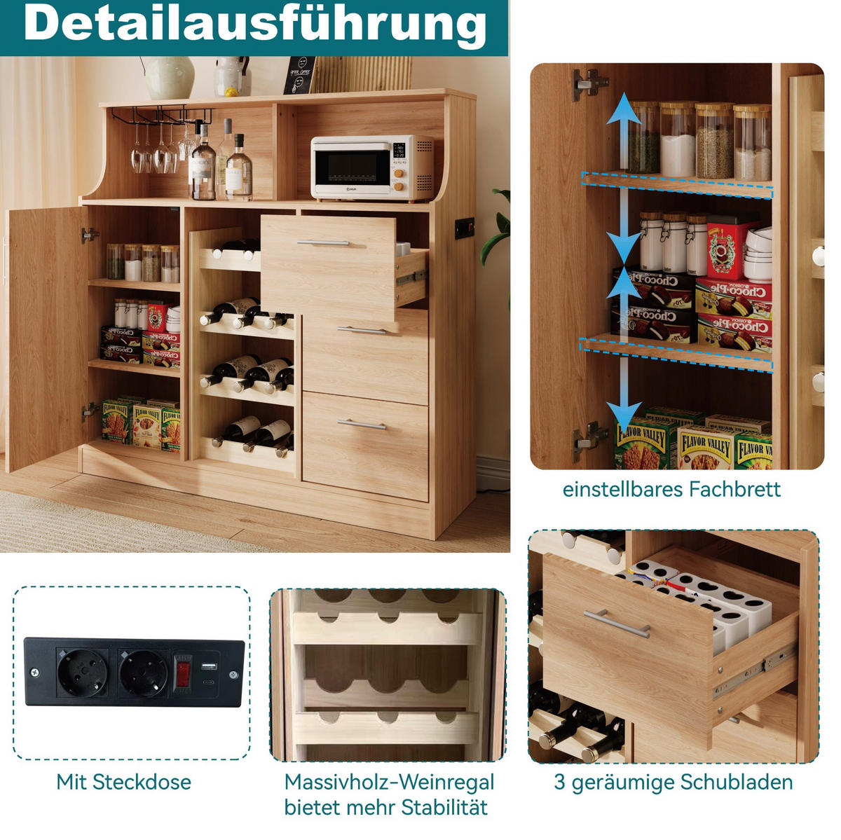 SIDEBOARD 120/40/121 cm Natur/Weiß aus MDF mit LED und Steckdose - Weiß, Holzwerkstoff (120/121/40cm) - OKWISH
