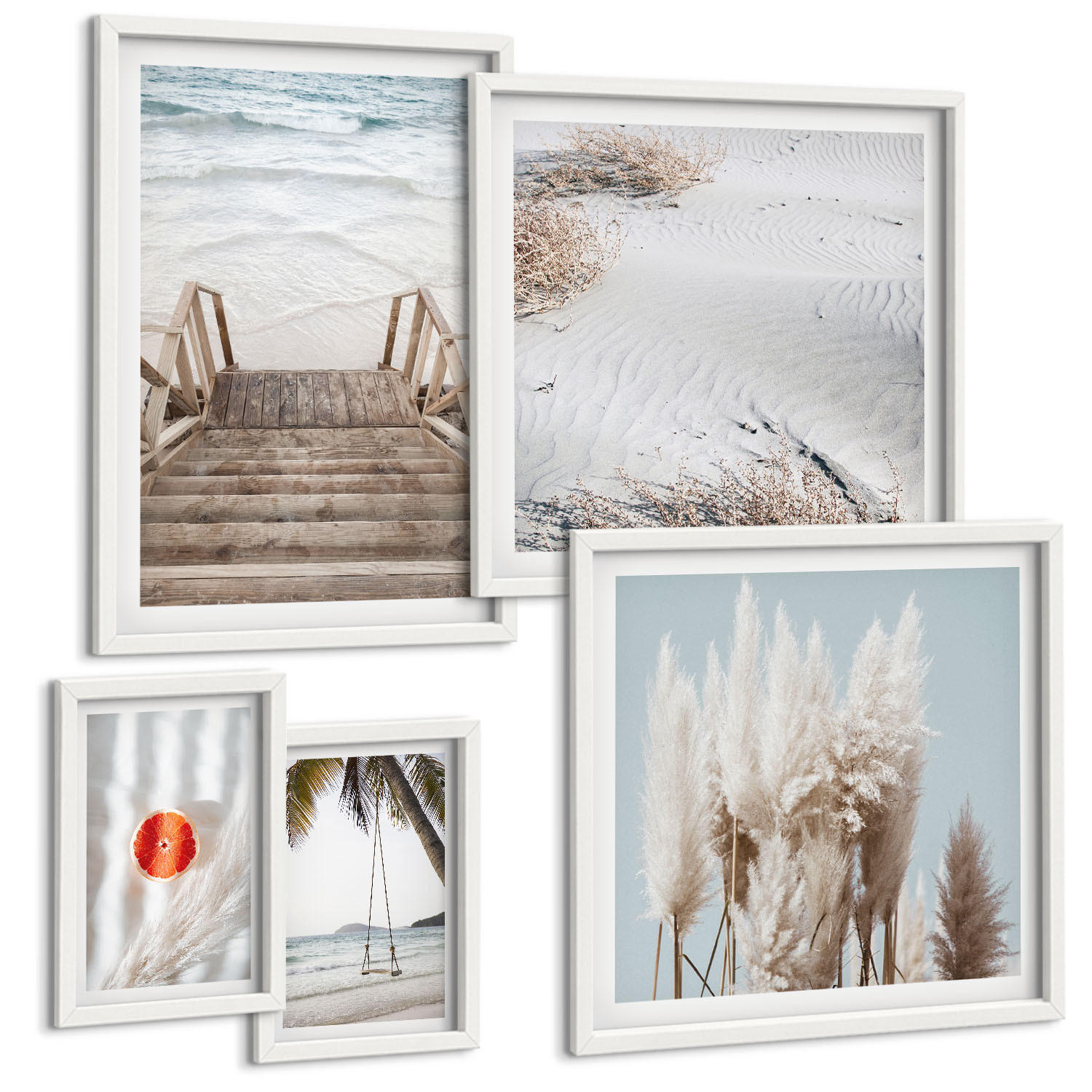BILDER SET 5er Set - 50x50 cm & 20x30 cm & 40x60 cm Weißer Rahmen - Strandatmosphäre dank hölzerner Treppen. - Weiß, Kunststoff (40/60cm) - TULUP