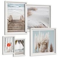 BILDER SET 5er Set - 50x50 cm & 20x30 cm & 40x60 cm Weißer Rahmen - Strandatmosphäre dank hölzerner Treppen. - Weiß, Kunststoff (40/60cm) - TULUP