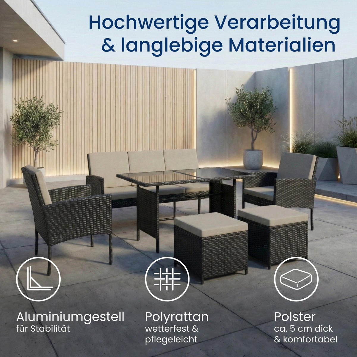 GARTENMÖBEL-SET mit 3-Sitzer Sofa, 2 Stühle, 2 Hocker mit graue Kissen - Grau, Metall - Home Collective