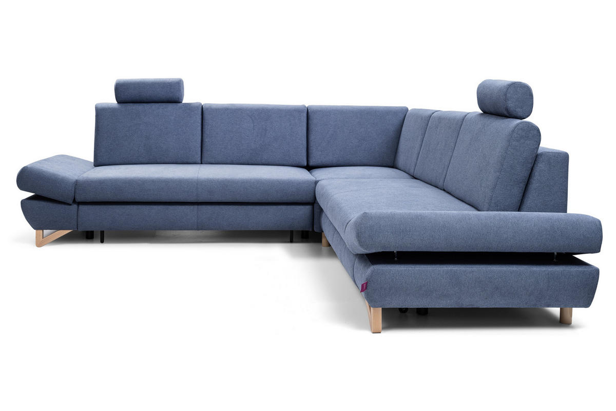 ECKSOFA CASA III L-S Blau Plüsch-Stoff mit Schlaffunktion - Blau, Holz (272/272cm) - MASSENO