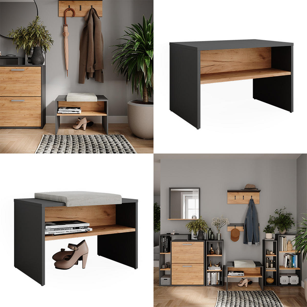 SCHUHBANK Orlando Anthrazit/Goldkraft Eiche 60 x 60 cm - Honigeiche/Anthrazit, Holzwerkstoff (60/60/40cm) - Vicco