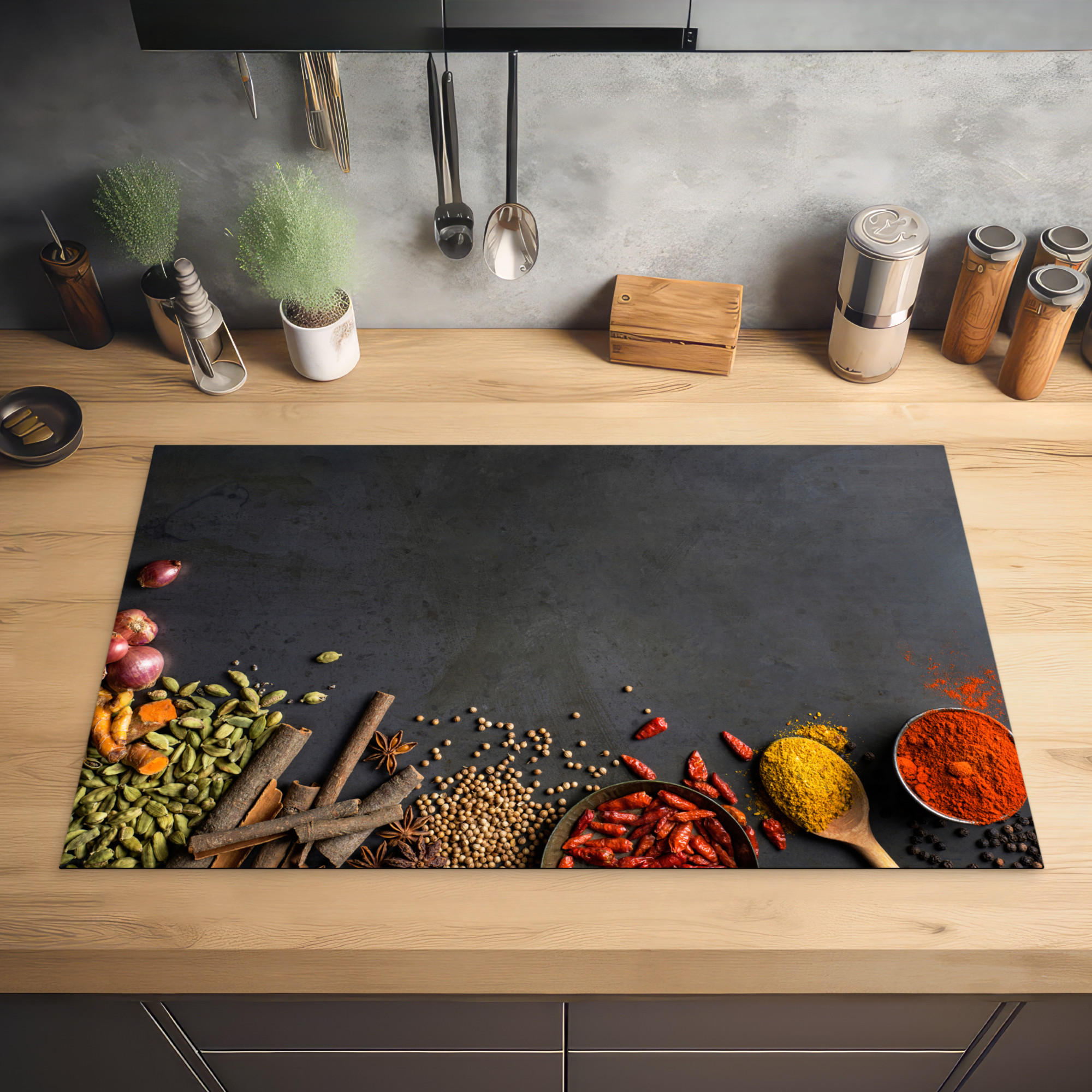 HERDABDECKPLATTE Kräuter - Lebensmittel - Gewürze - Schwarz - Paprika - Zimt 85x52 cm - Currygelb, Kunststoff (85/0.2/52cm) - MuchoWow