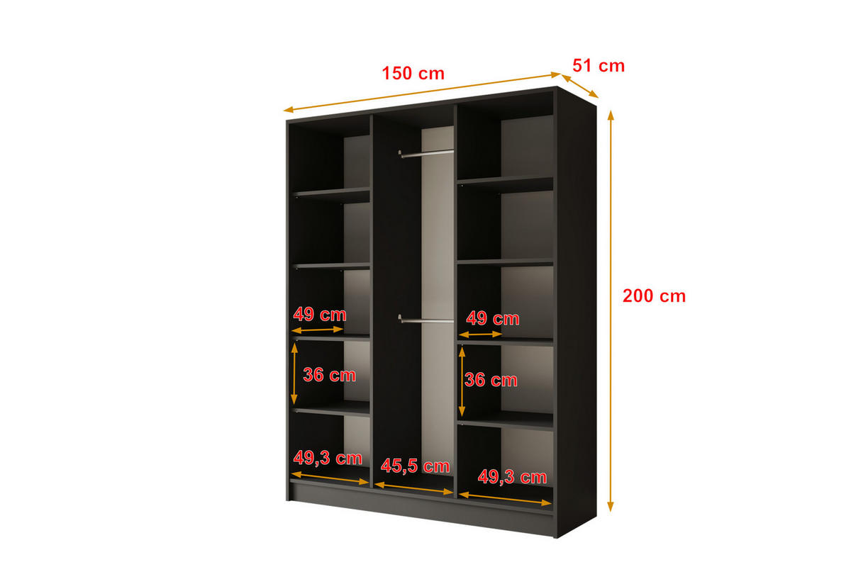 KLEIDERSCHRANK - LUSSO - 150 - Schwarz - Goldfarben/Schwarz, Holzwerkstoff (150/200/51cm) - ALTDECOR