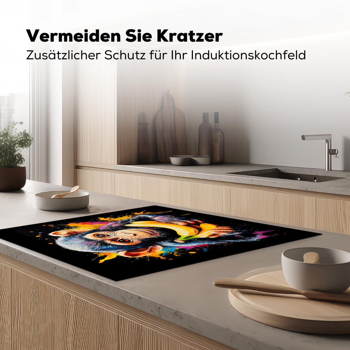 HERDABDECKPLATTE Affe - Graffiti - Farbenfroh - Bananen - Modern 78x78 cm - Gelb, Kunststoff (78/78/0.2cm) - MuchoWow