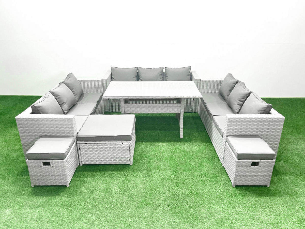 GARTENSET mit Esstisch,Sofa,3 Fußhocker Polyrattan Hellgrau 12-Sitzer - Hellgrau/Grau, Glas/Kunststoff - Fimous