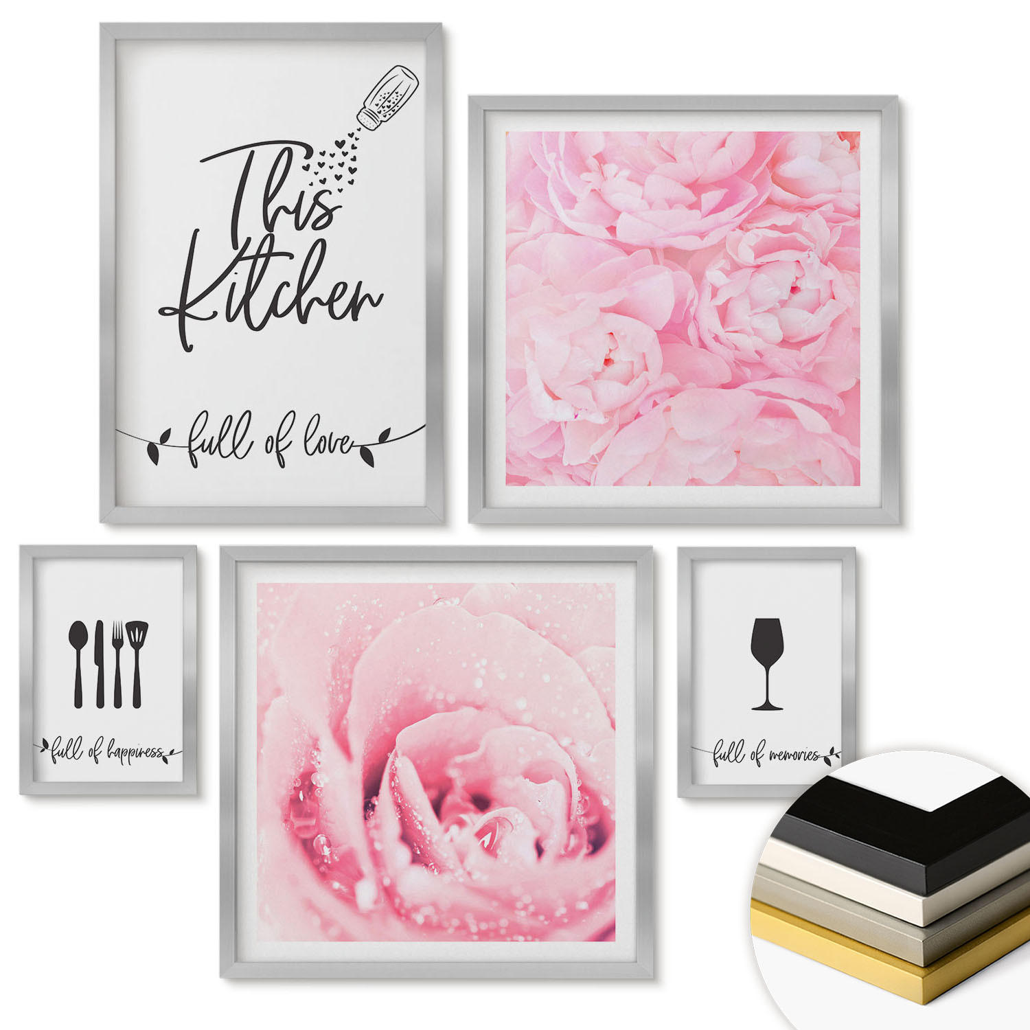 WANDBILDER 5er Set - 50x50 cm & 20x30 cm & 40x60 cm Silberner Rahmen - Zen-Gemälde, Wassersteine, Buddha - Silberfarben, Kunststoff (40/60cm) - ArtPrintCave