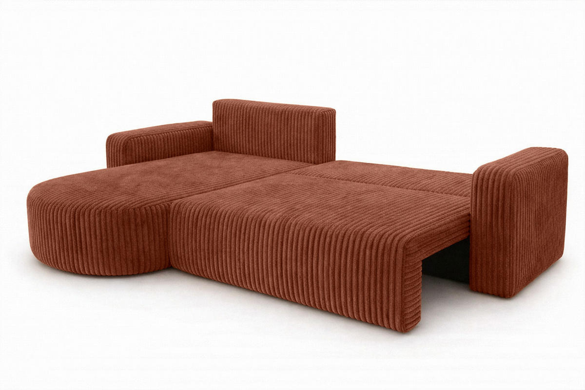 ECKSOFA Mit Schlaffunktion, Cordstoff Tilia, Kupfer, Links, ROUND ONE XL - Orange, Holz (271/175cm) - Kaiser Möbel