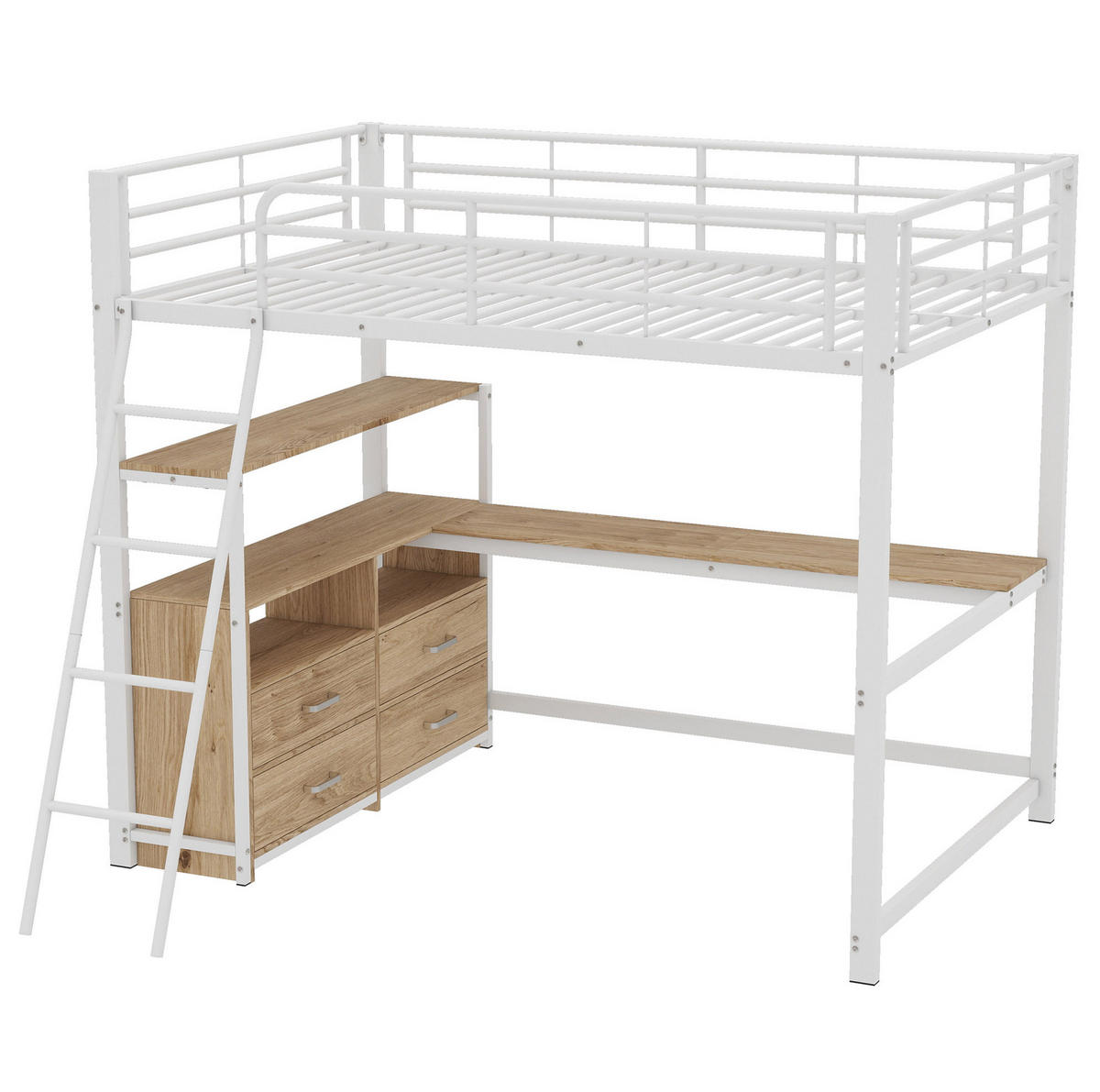 HOCHBETT 140/200 cm mit L-förmigem Schreibtisch, 4 Schubladen und MDF-/Metallgestell, Weiß - Weiß, Holzwerkstoff (140/200cm) - Redom