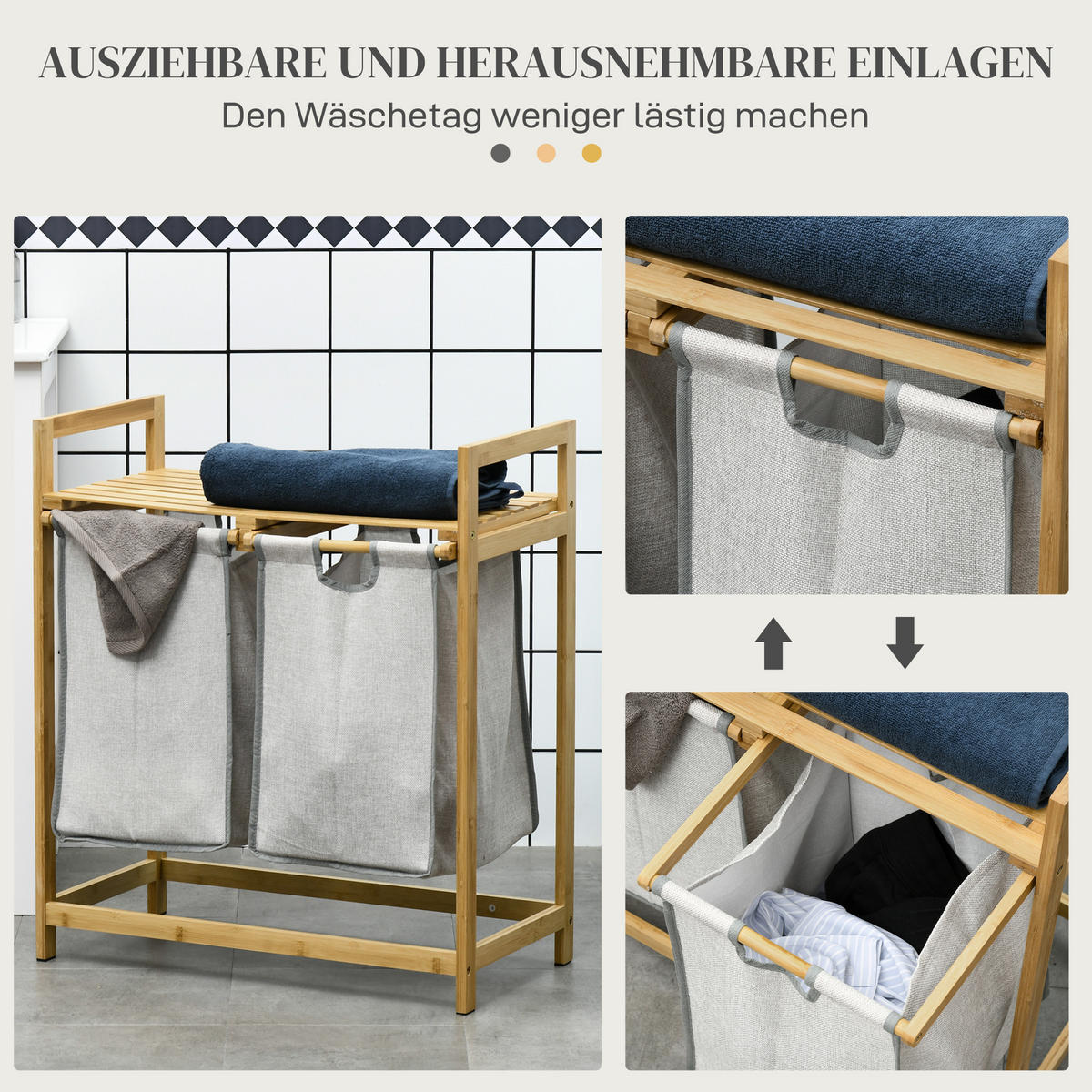 WÄSCHEKORB, 81,2 L Wäschebox mit 2 abnehmbaren Wäschesacke, Bambus, Natur - Naturfarben, Kunststoff (33/73/64cm) - HOMCOM