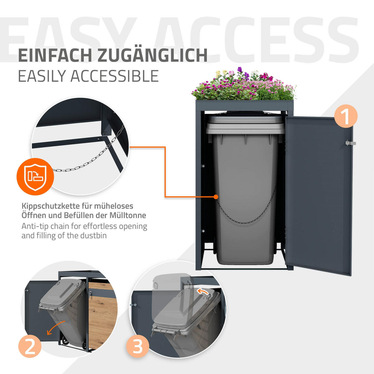 MÜLLTONNENBOX 1er mit Pflanzdach Anthrazit-Eichenoptik - Braun, Metall (80/124/68cm) - ML-DESIGN