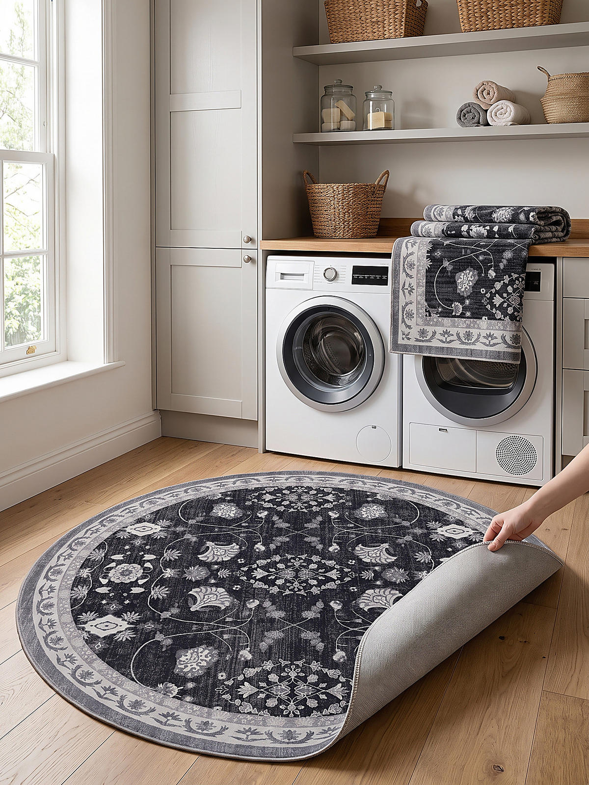 TEPPICH Kurzflor, waschbar, mit floralen Ornamenten, VERNANTE in Schwarz-Creme-Grau, Ø 200 cm - Schwarz, Textil (200/200cm) - KADIMA DESIGN