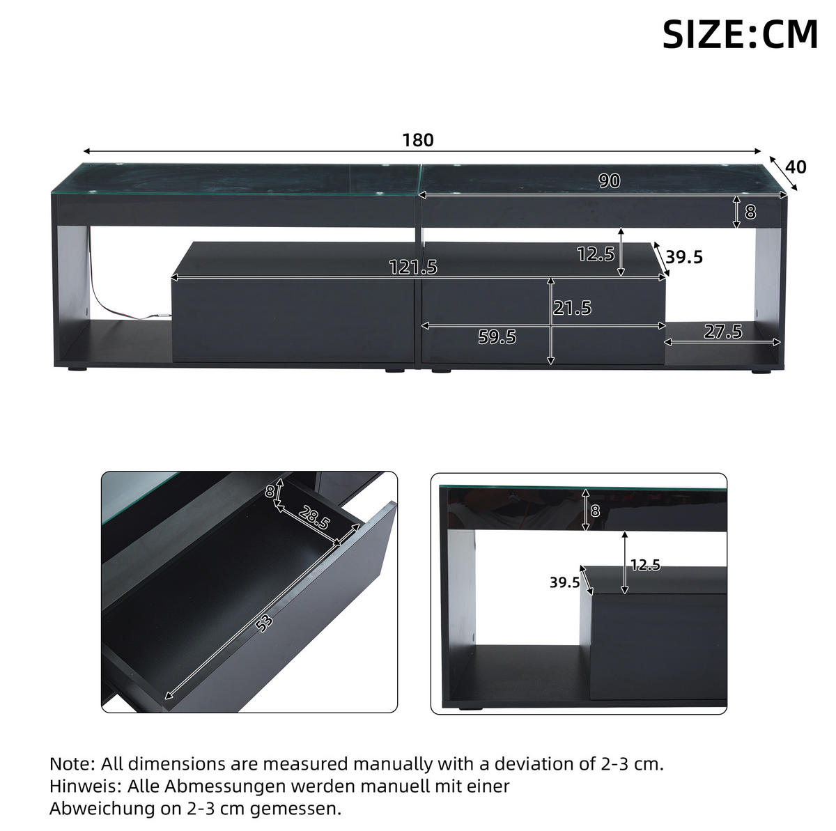 TV-SCHRANK aus Spanplatte und gehärtetem Glas 180x40x46 cm Schwarz mit LED-Beleuchtung und 2 Schubladen - Schwarz, Holzwerkstoff (180/46/40cm) - Modfu