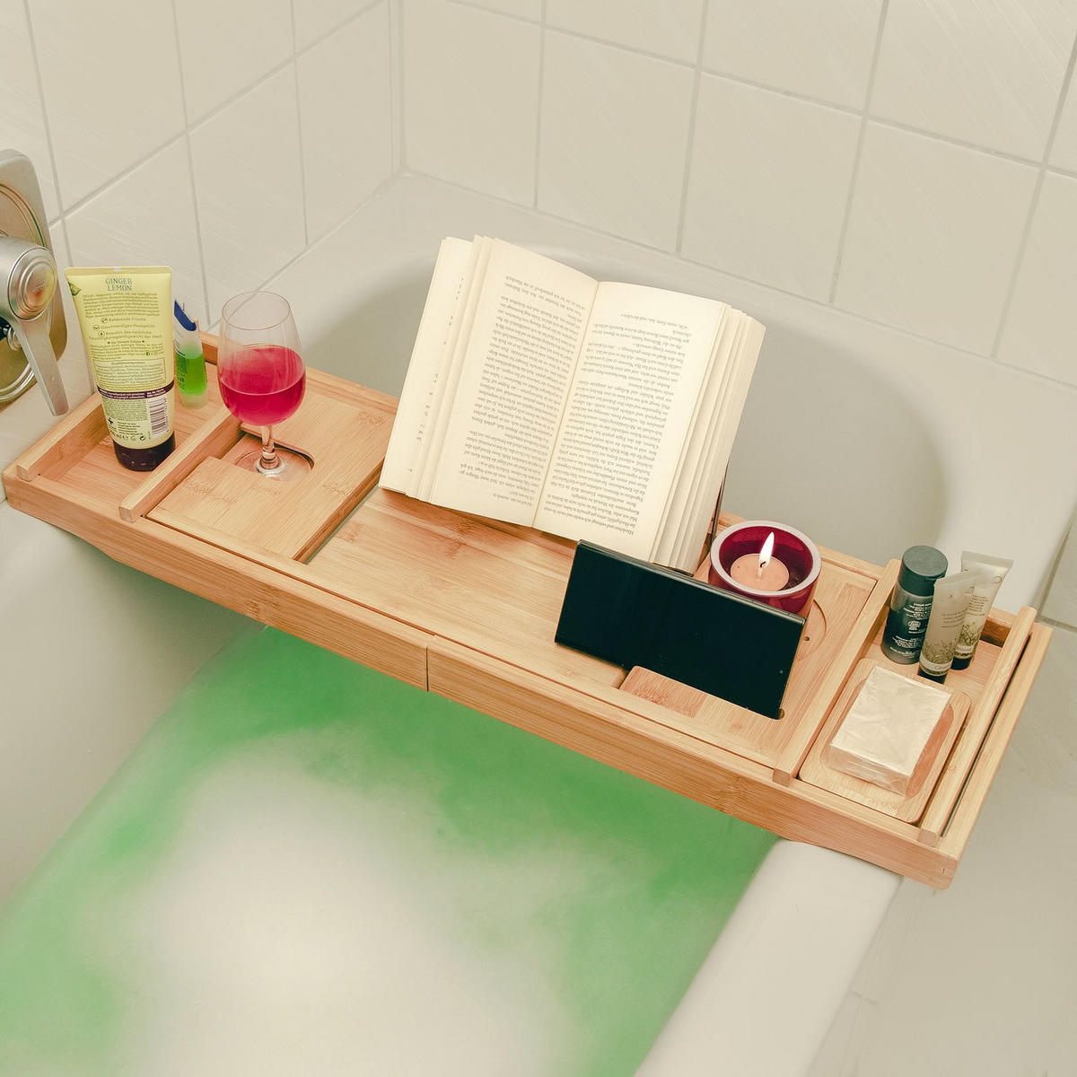 BADEWANNENTABLET mit Seifenschale - Braun, Naturmaterialien (23/4.5/75cm) - Intirilife