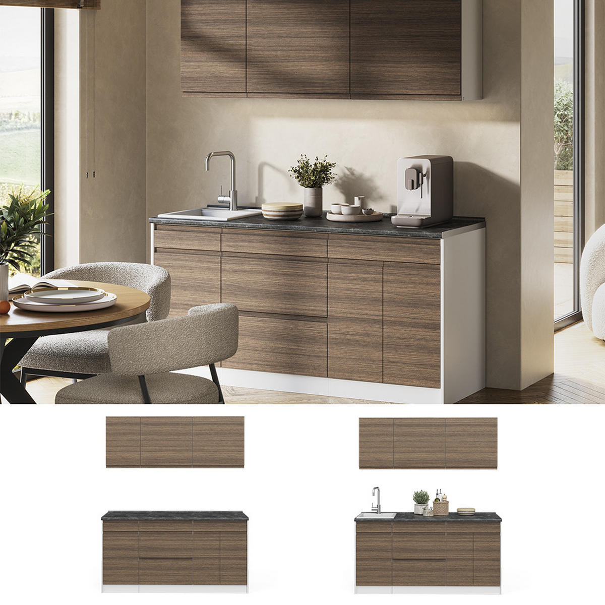 SINGLEKÜCHE R-Line, Tabak-Walnuss/Weiß, 160 cm Arbeitsplatte Satin - Walnussfarben/Weiß, Holzwerkstoff (160/81.6/60cm) - Vicco