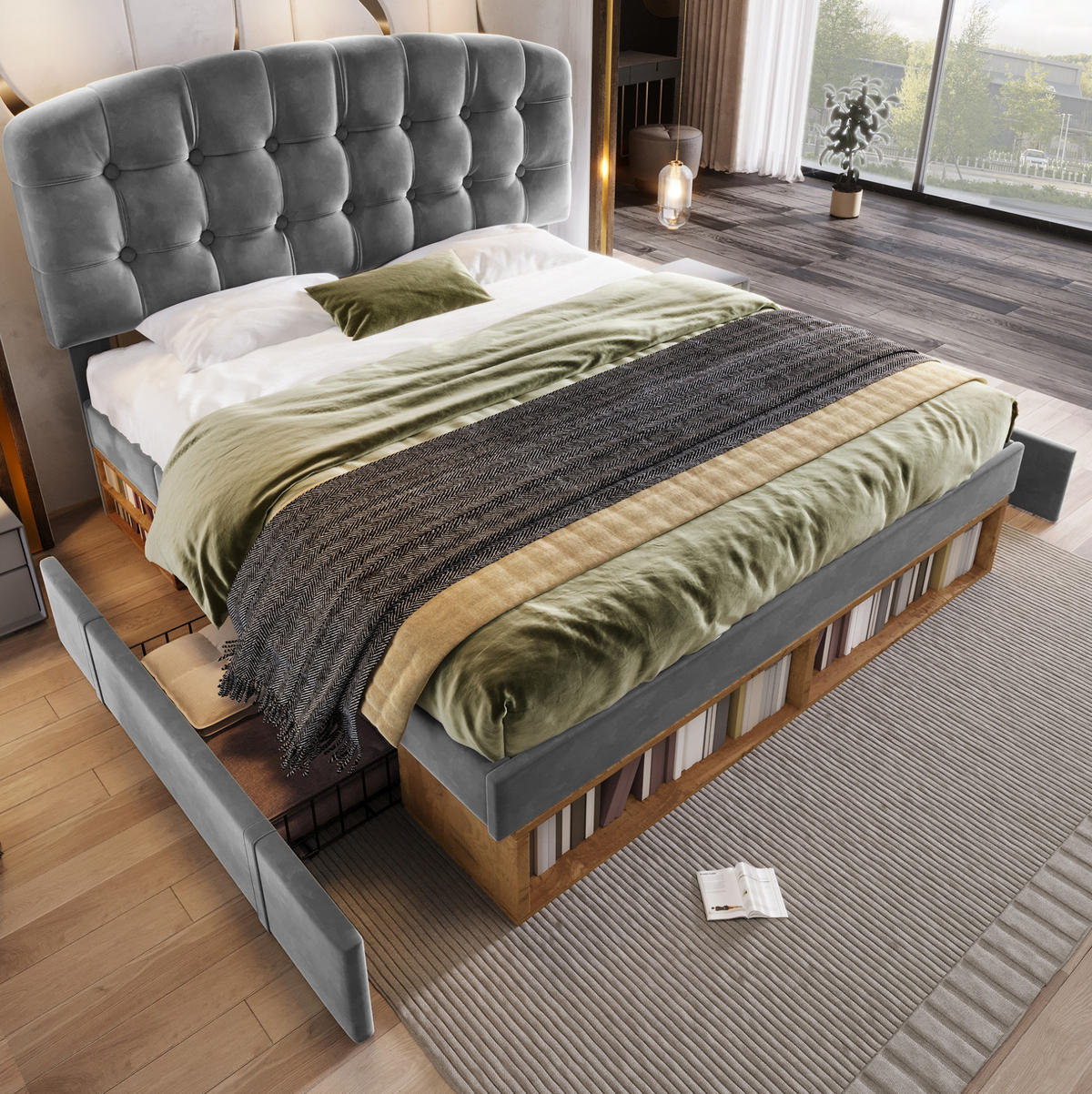 POLSTERBETT 140/200 cm Grau aus Samt mit Stauraum - Grau, Textil (140/200cm) - OKMYHOME