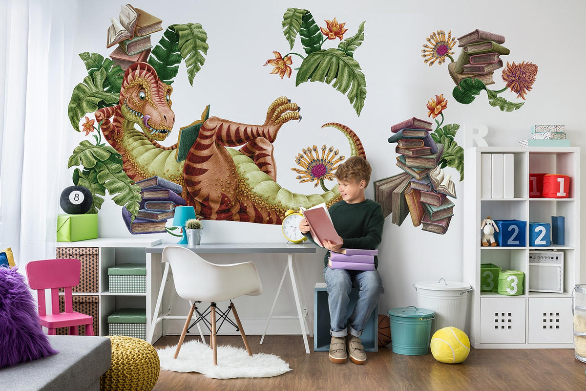 WANDAUFKLEBER 60x90cm - Dino der Leser - Multicolor, Kunststoff (60/90/0.1cm) - Wallfluent