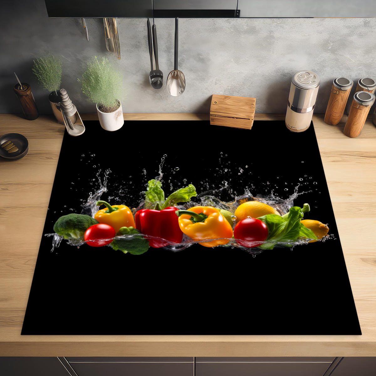 HERDABDECKPLATTE Paprika - Wasser - Gemüse - Schwarz 78x78 cm - Multicolor, Kunststoff (78/0.2/78cm) - MuchoWow