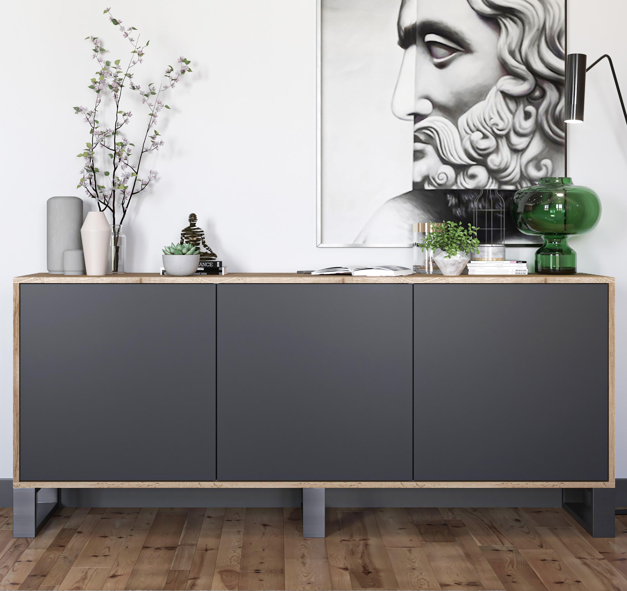 KOMMODE Apollo 3D Eiche wotan Schwarz Matt 168/72/35 cm - Schwarz, Holzwerkstoff/Metall (168/72/35cm) - Meble Lindner