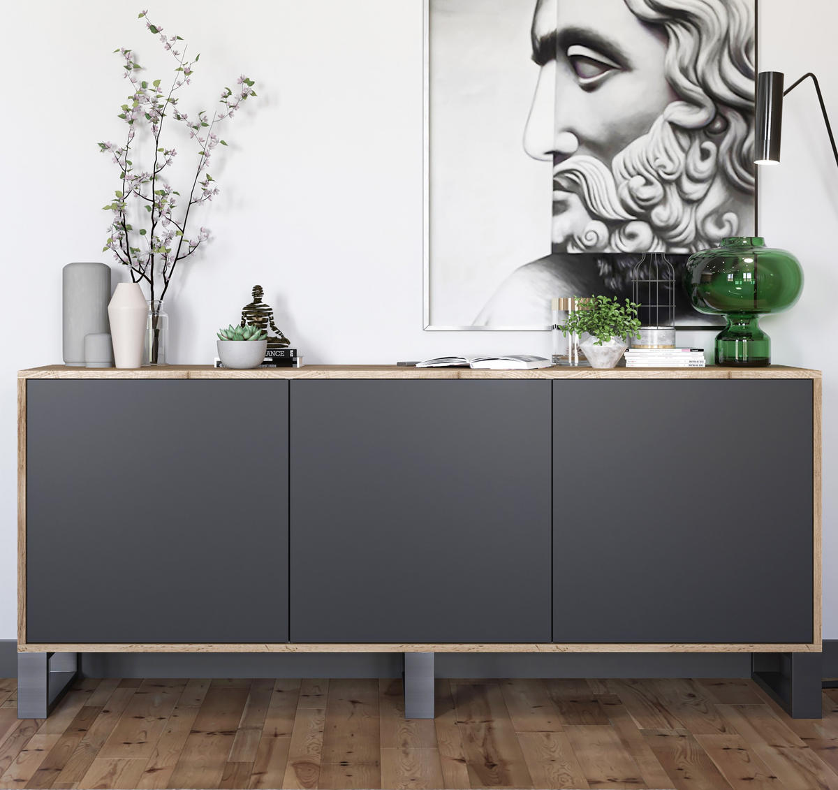 KOMMODE Apollo 3D Eiche wotan Schwarz Matt 168/72/35 cm - Schwarz, Holzwerkstoff/Metall (168/72/35cm) - Meble Lindner