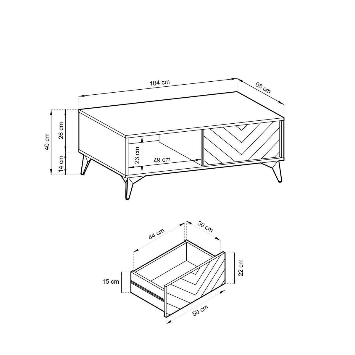 COUCHTISCH Boulia Schwarz mit Fischgrätfronten in Eiche 104/68 cm - Schwarz, Holzwerkstoff/Metall (68/104/40cm) - Selsey