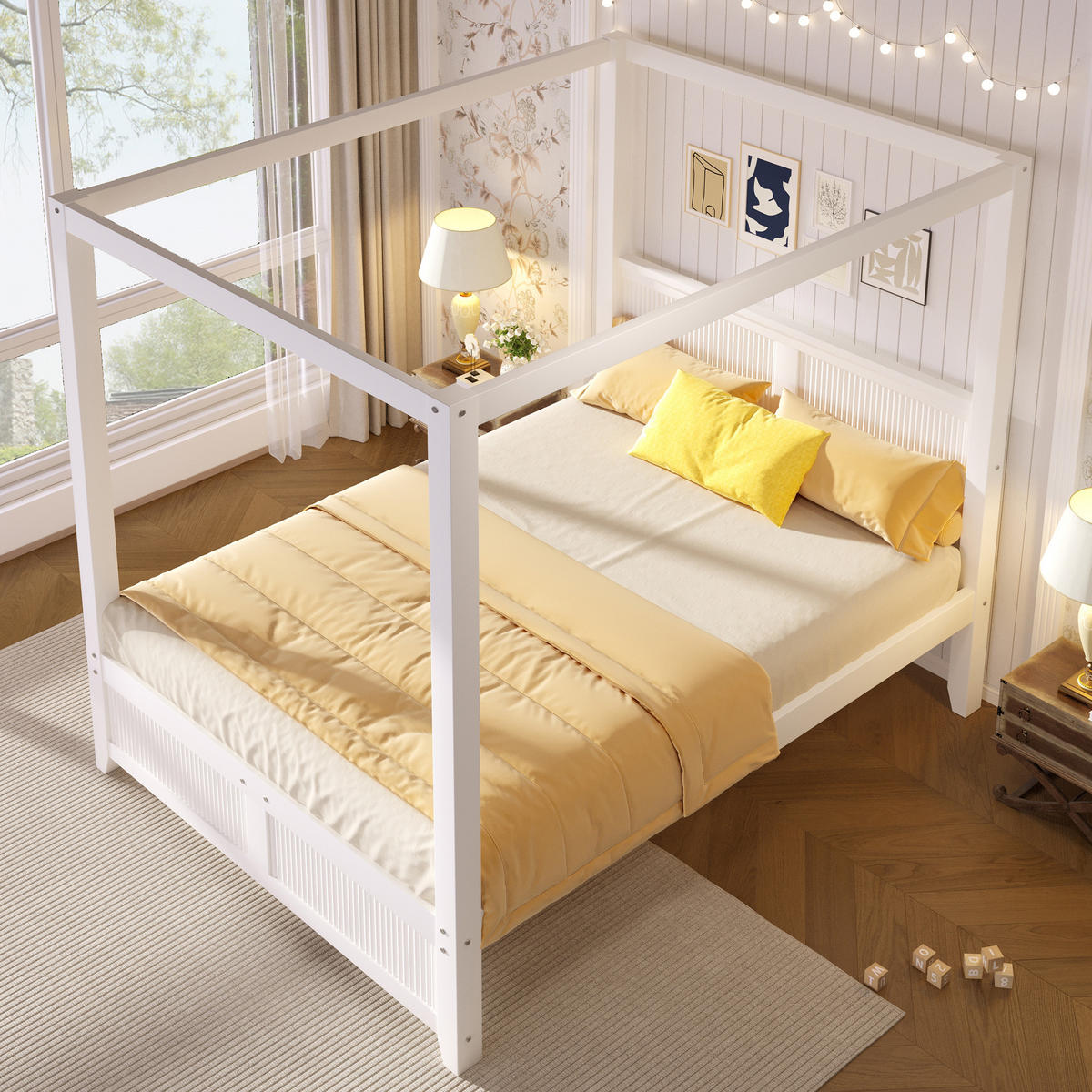 HIMMELBETT 140x200 cm mit dekorativem Dachrahmen, Weiß - Weiß, Holz (140/200cm) - KOMHTOM