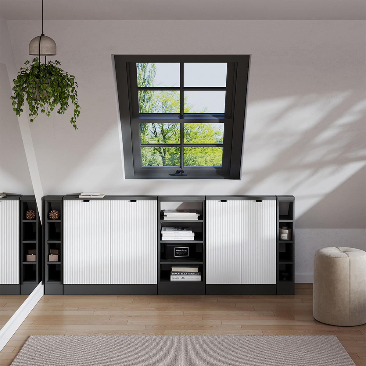 DACHSCHRÄGENSCHRANK-SET Rion Weiß Riffel 210 cm 5er Set - Weiß, Holzwerkstoff (210/81.6/46cm) - Vicco