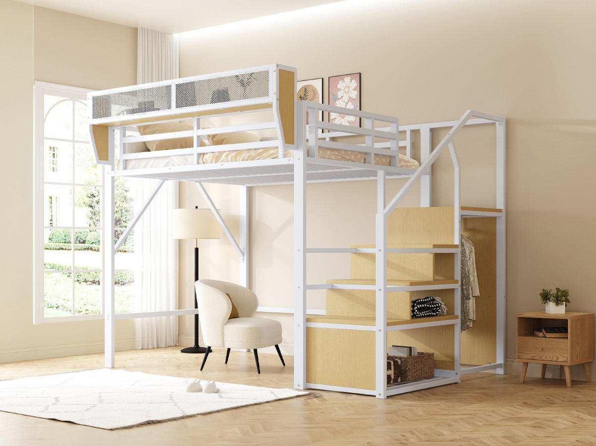 HOCHBETT 140/200 cm mit Sicherheitsleiter und flexiblem Regal aus Metall, Weiß - Weiß, Metall (140/200cm) - Redom