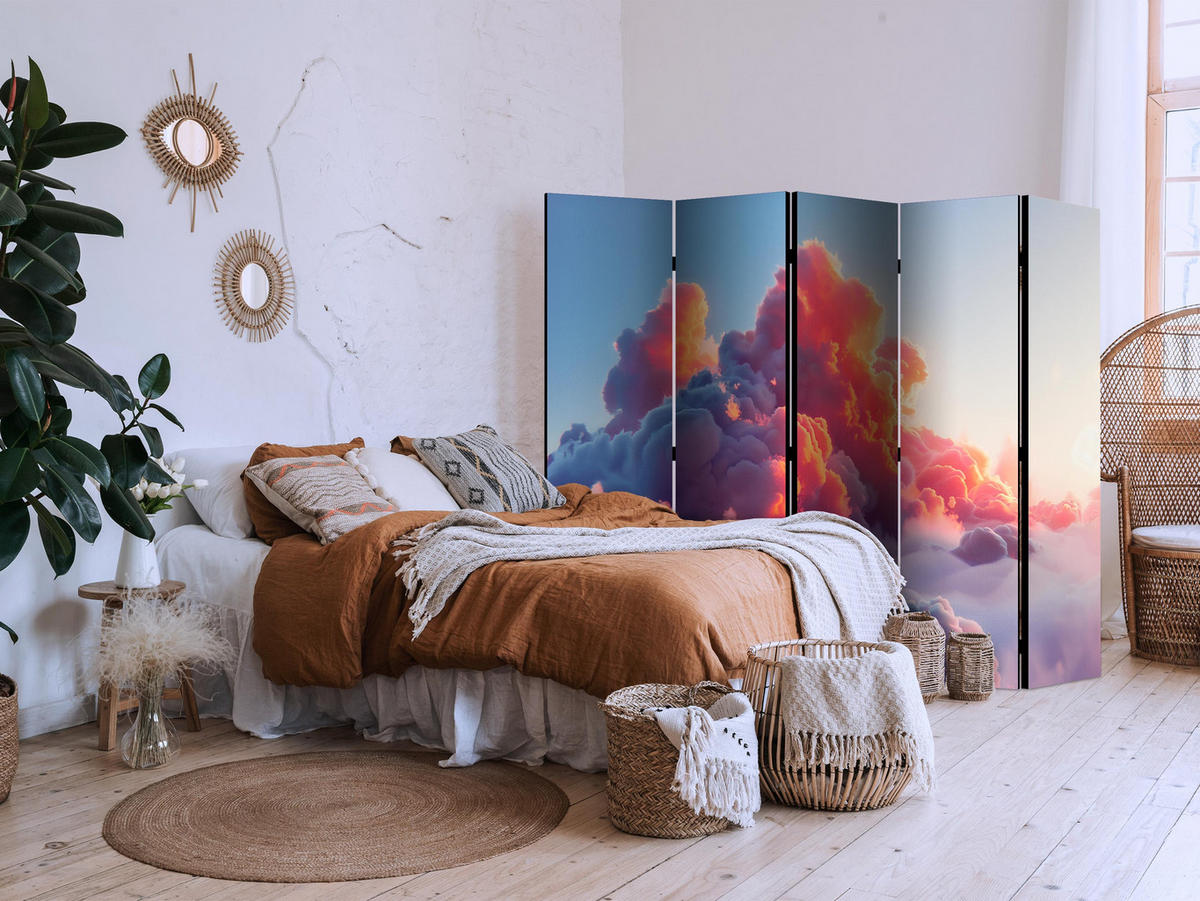 PARAVENT Beidseitig Bedruckter 5-tlg 225x172 cm Wolken Himmel 3D - Rot, Holz/Textil (225/172/3cm) - Muralo